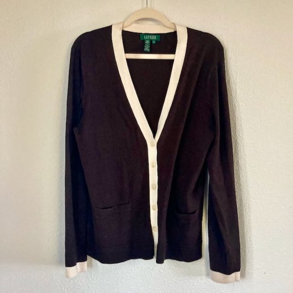 Lauren Ralph Lauren Sweaters - Lauren Ralph Lauren silk blend chocolate brown w/cream long sleeve cardigan L